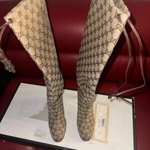 Gucci Patterned Beige Over the Knee Boots